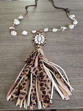 Boho Leopard Tassel Pendant Necklace in Brown and Cream